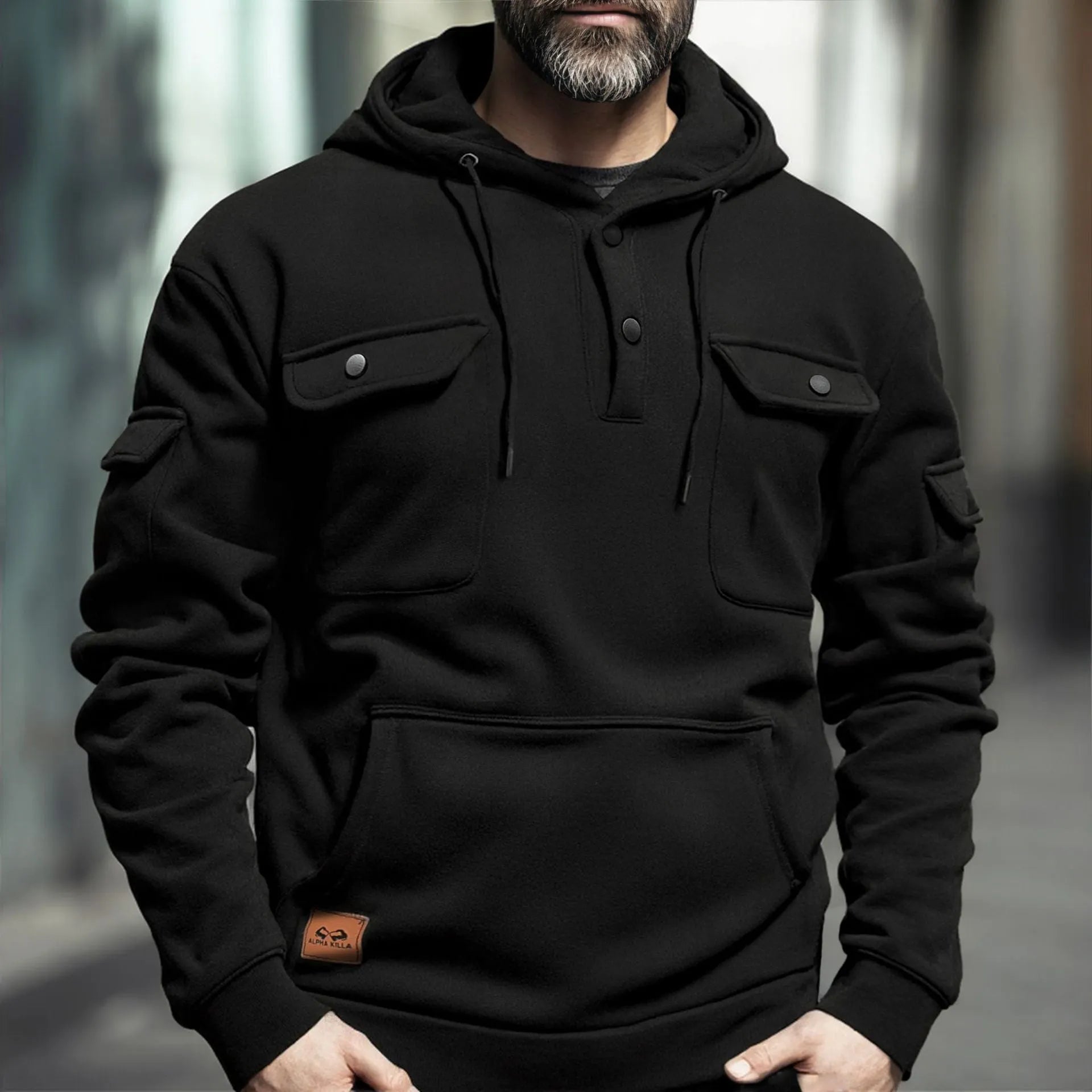 Men's solid colour multi-pocket pullover sweater with wool lining in black, front view, loose fit