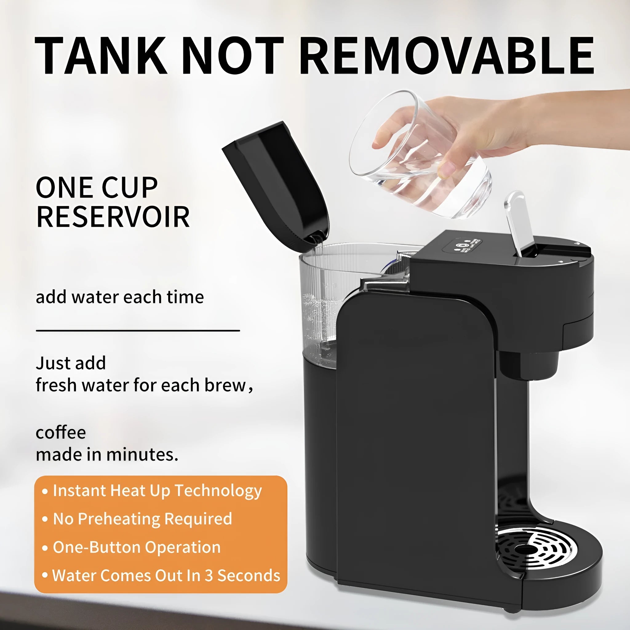 Black capsule coffee machine with 0.5L water tank and adjustable stainless steel tray for KCUP capsules