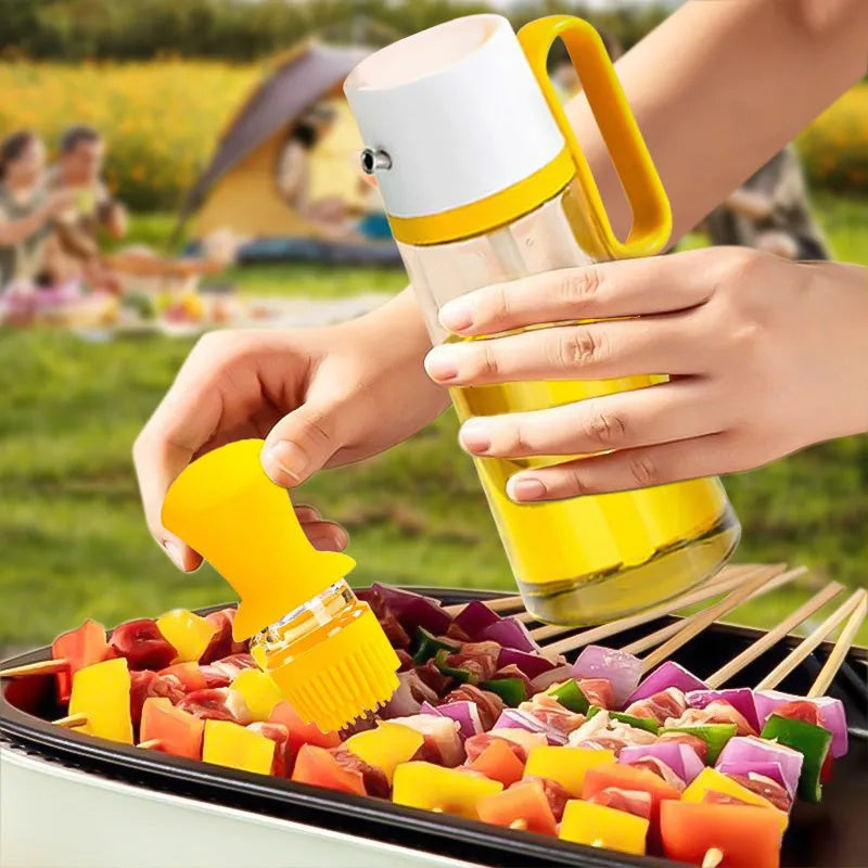 2-in-1 oil dispenser with silicone brush head and 304 stainless steel nozzle, 550ml glass bottle in yellow