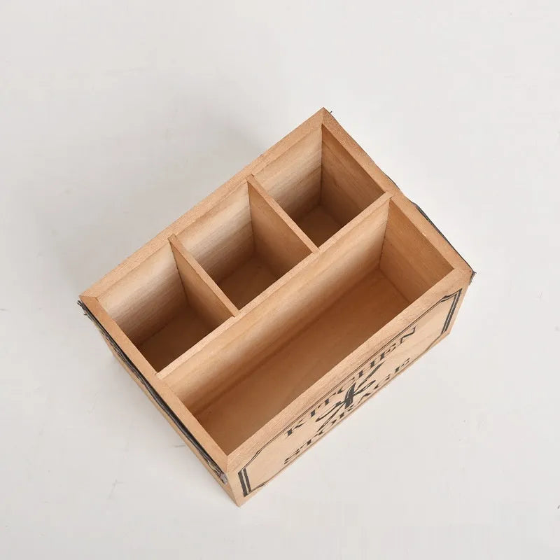 Wooden kitchen storage box with grid dividers for cutlery and chopsticks