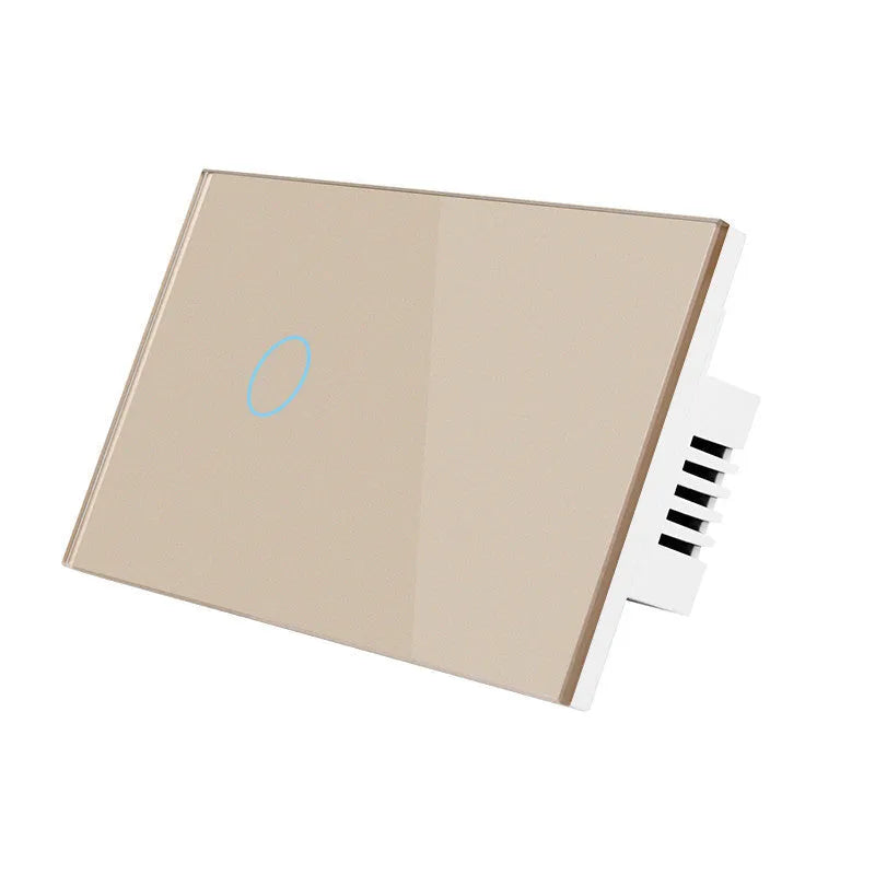 2-gang touch light switch with tempered glass panel and RF remote control in black, white, or gold