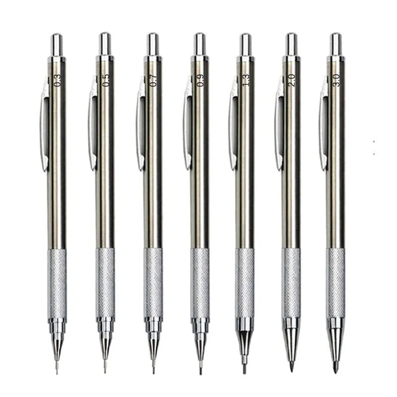 Silver metal automatic mechanical pencil with various lead size options shown.