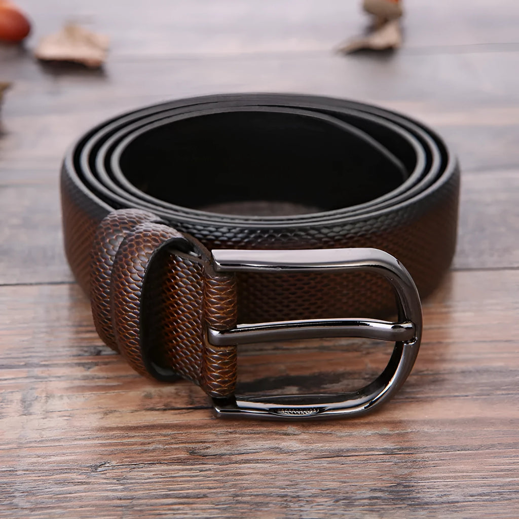 Men's belt with alloy pin buckle, imitation leather strap, elephant pattern black, electroplated finish