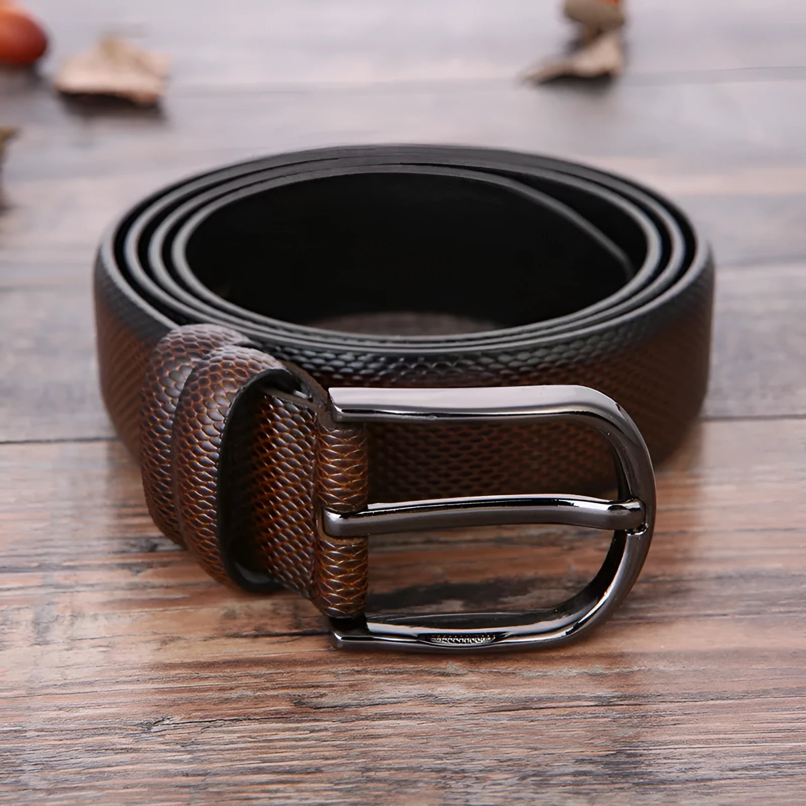 Men's belt with alloy pin buckle, imitation leather strap, elephant pattern black, electroplated finish