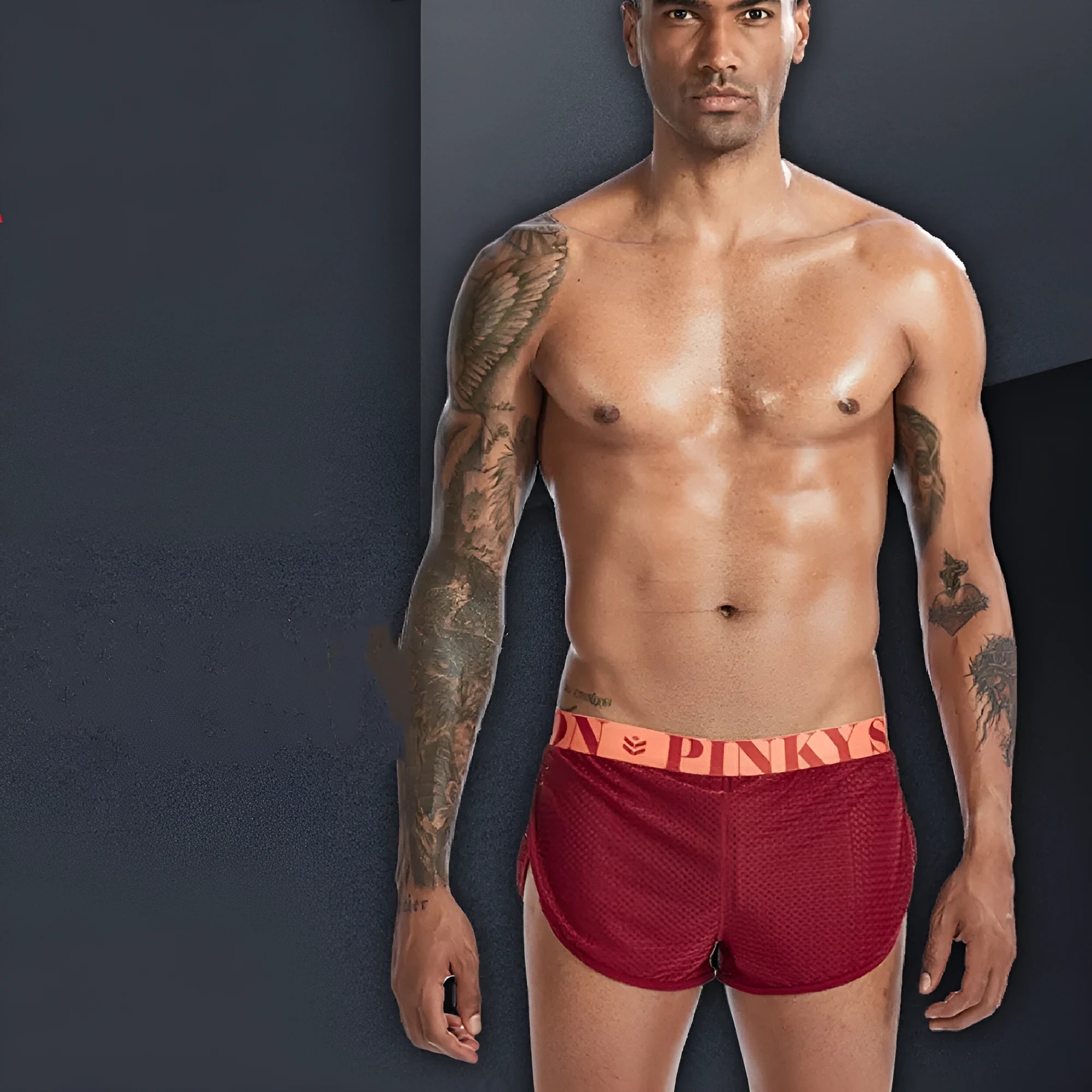 Mesh solid colour breathable men's boxer briefs in black, nylon fabric, mid waist