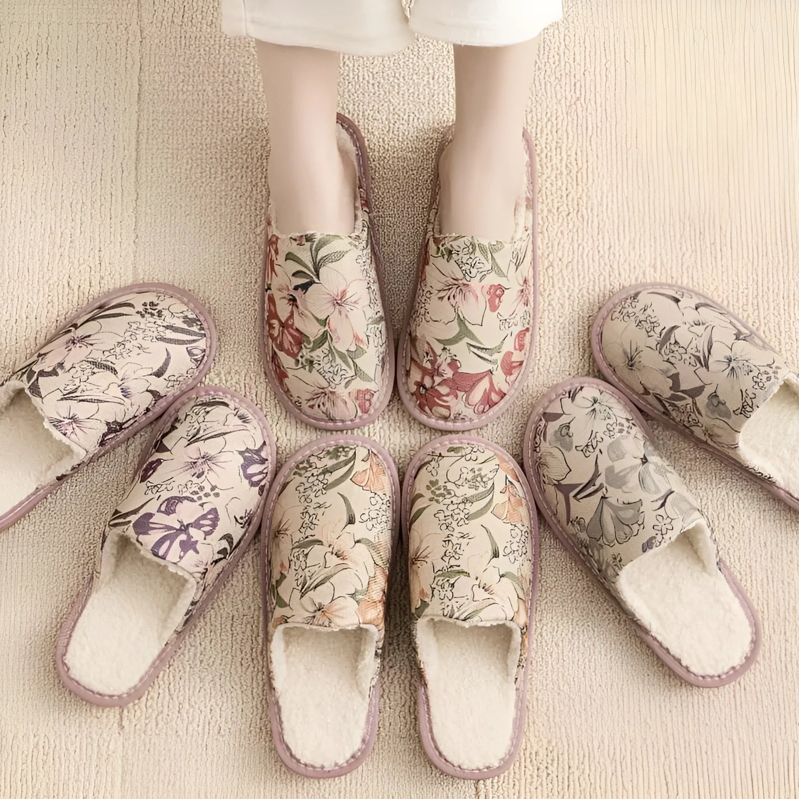 Warm winter linen surface household cotton slippers with PVC sole in gold coffee/cotton colour on a wooden floor