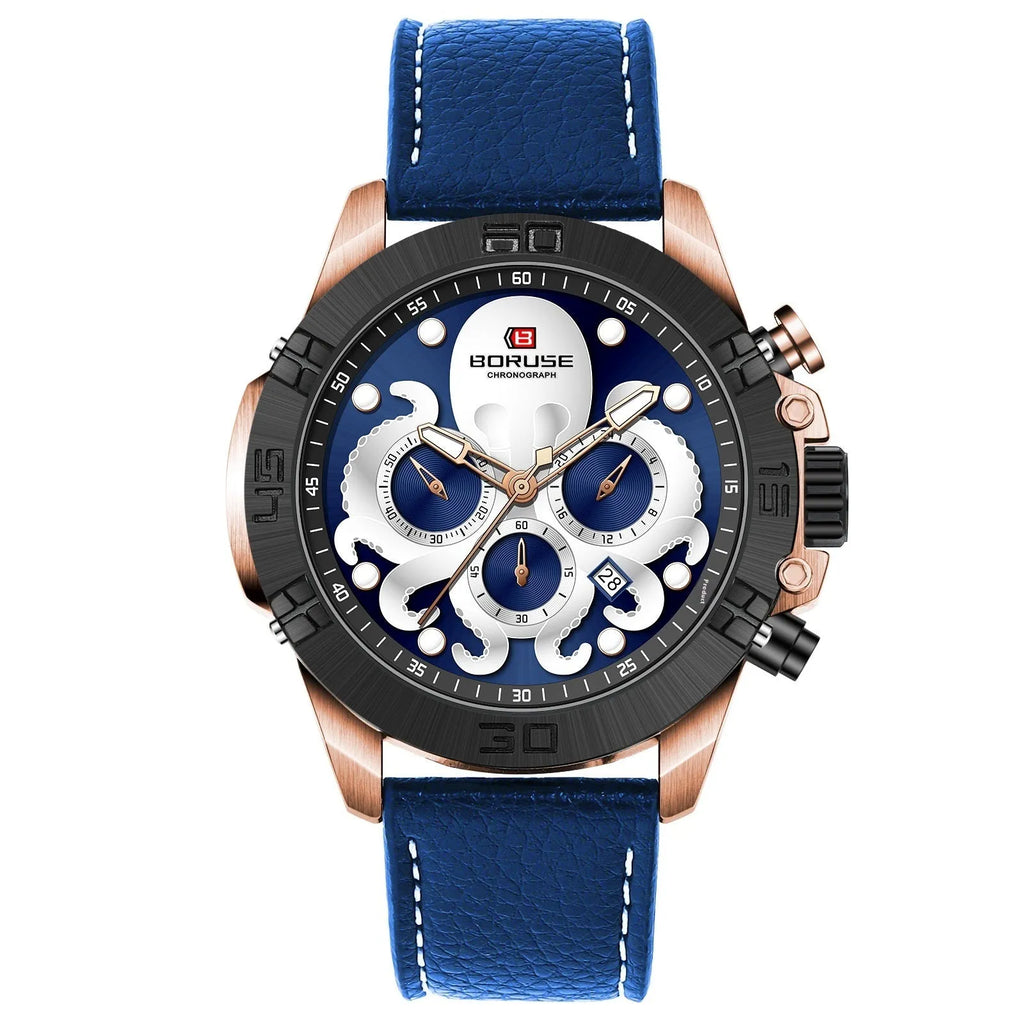 Octopus men's waterproof luminous quartz casual watch blue ribbon blue face 13mm thickness