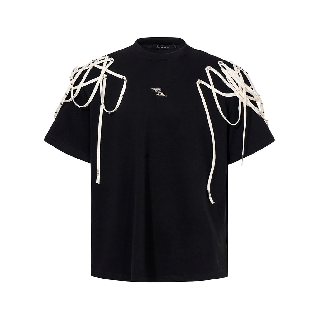 Black loose fit short-sleeve T-shirt with padded shoulders and decorative rivet ribbons.