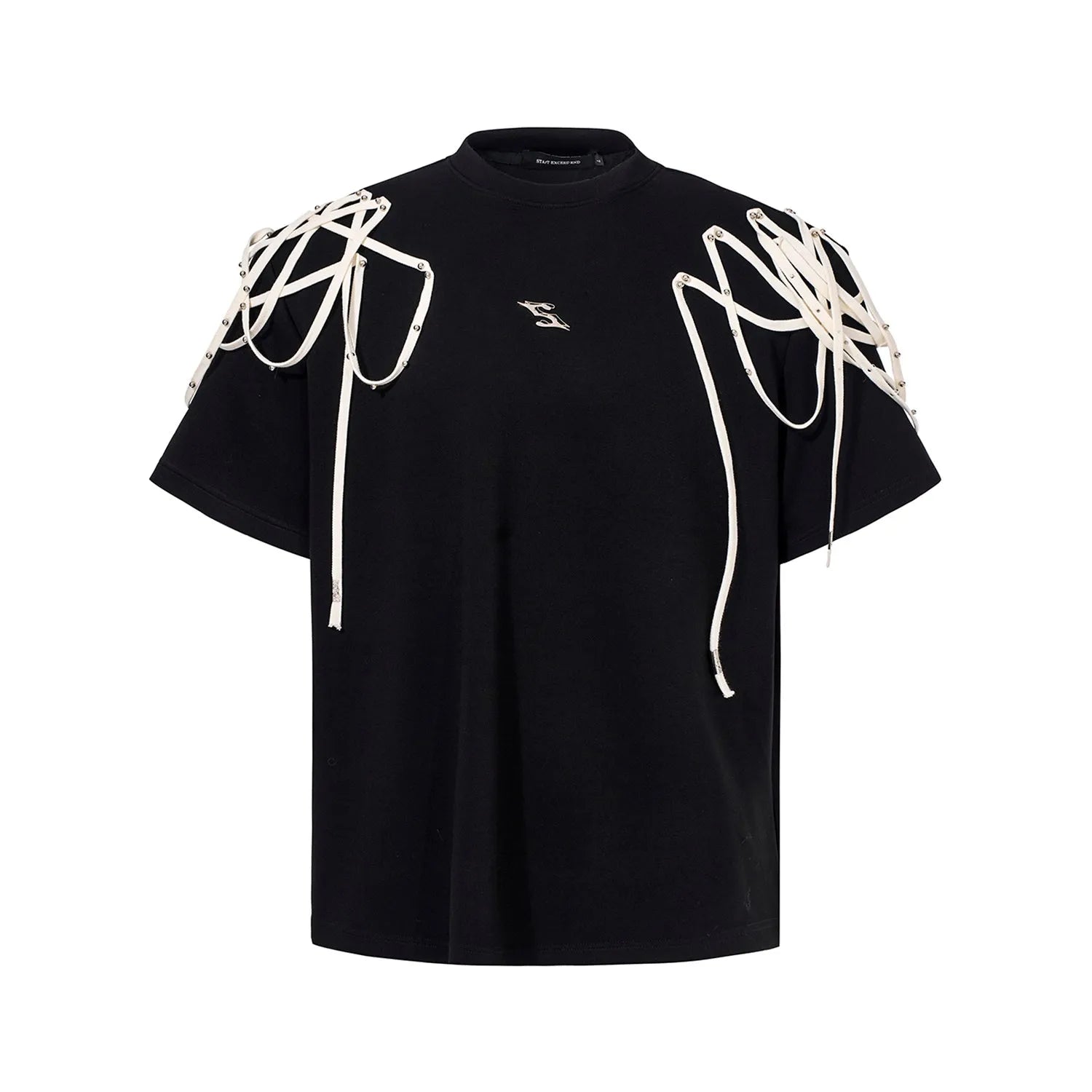 Black loose fit short-sleeve T-shirt with padded shoulders and decorative rivet ribbons.