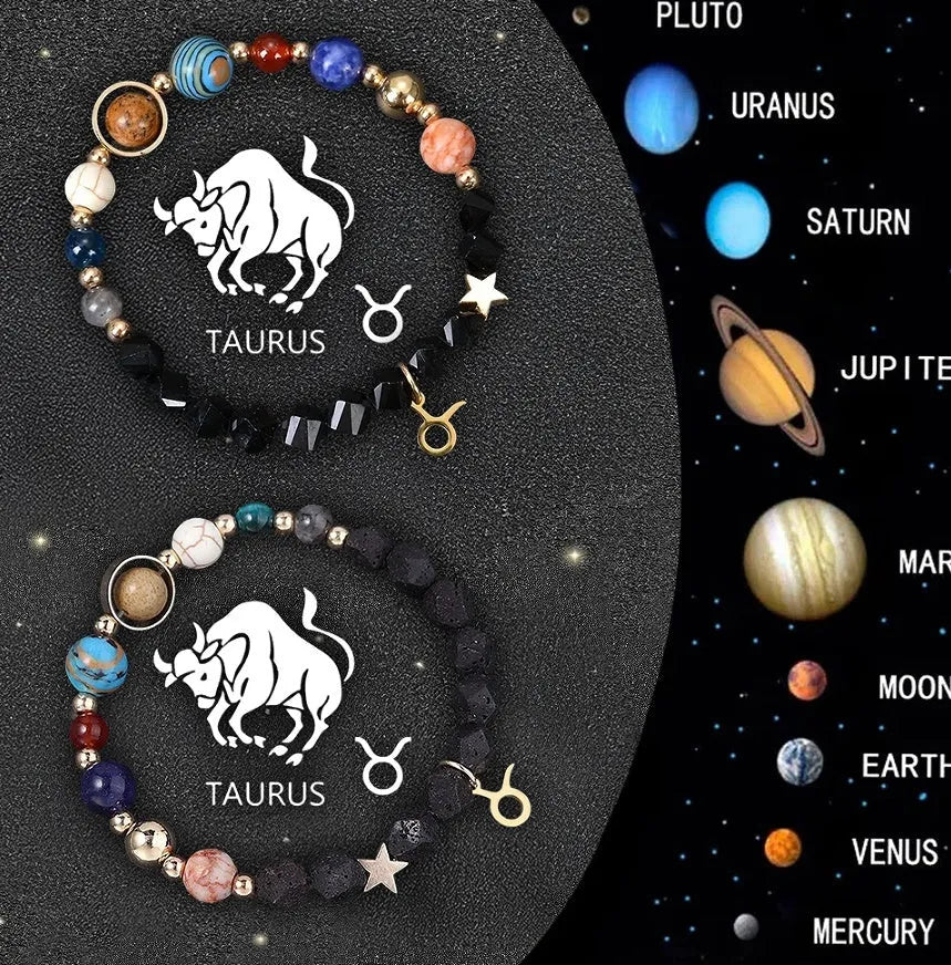 Natural stone twelve zodiac sign beaded bracelet set with two bracelets on display