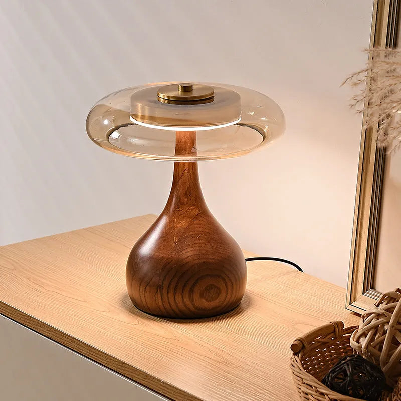 Solid wood Japanese retro bedside lamp with polished ash wood cognac shade and metal holder, low voltage