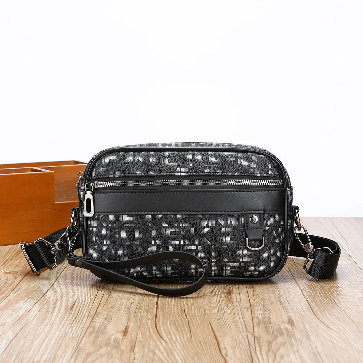 Large capacity men's messenger bag in 2206 Black with geometric pattern PU exterior and handheld design