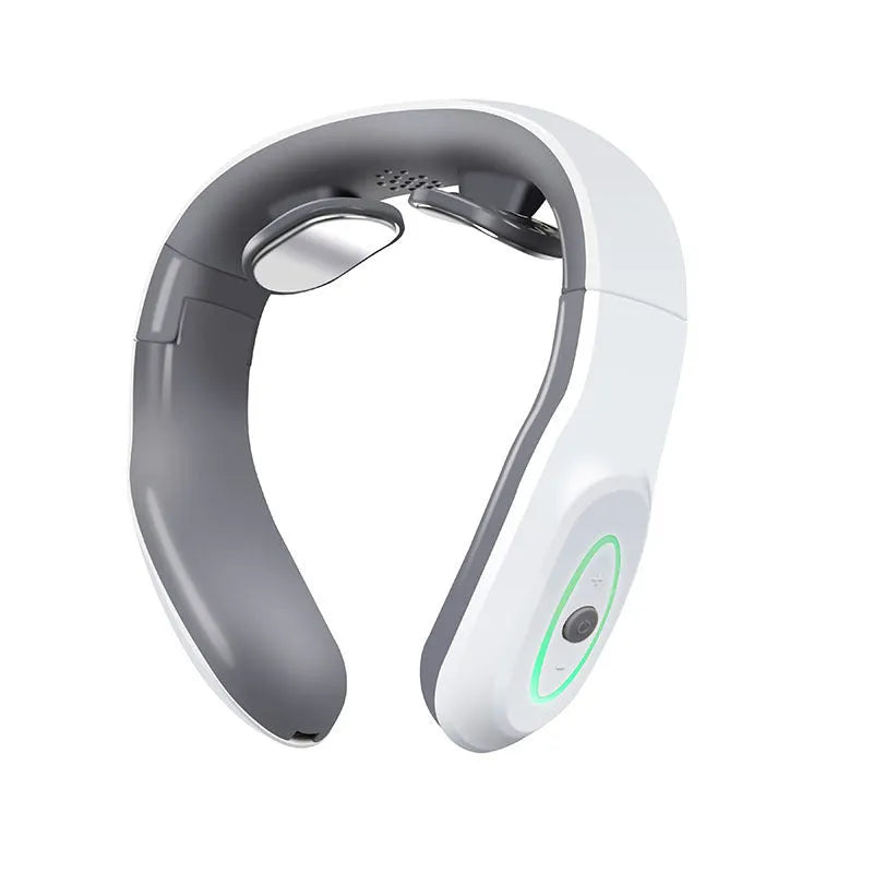 White electric pulse shoulder and neck massager with hot compress, folded compactly on a table