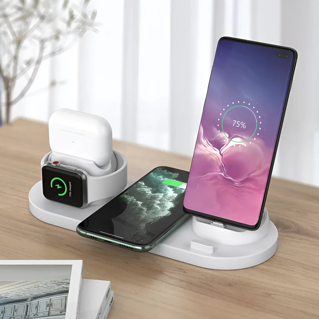 Multifunctional 6-in-1 wireless charging mobile phone holder in black with phone, AirPods and iWatch docked