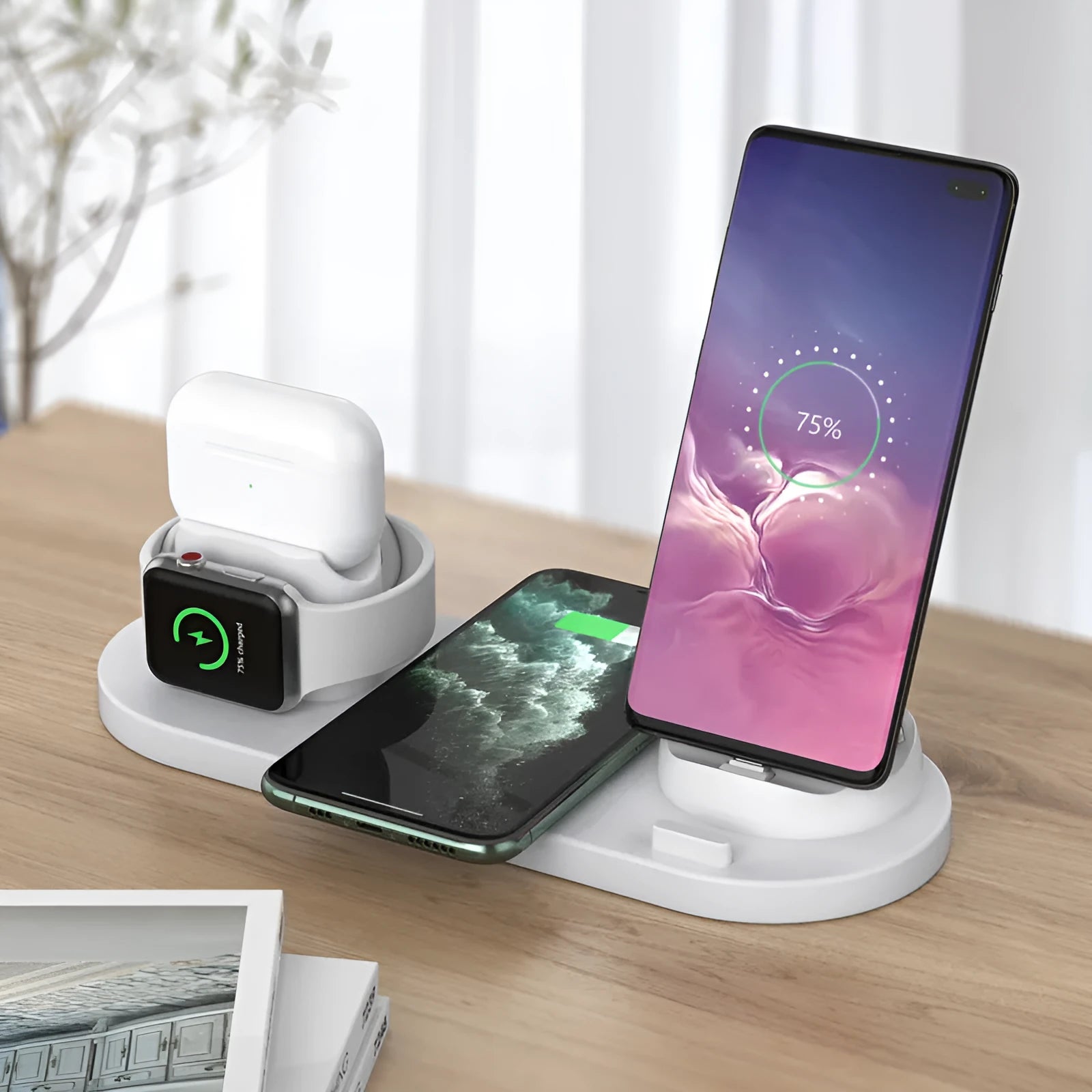 Multifunctional 6-in-1 wireless charging mobile phone holder in black with phone, AirPods and iWatch docked