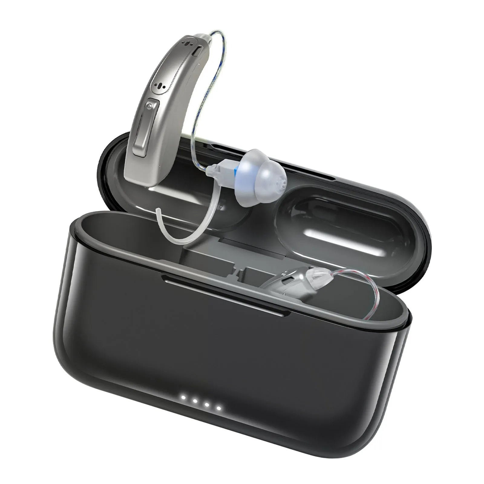 Wireless behind-the-ear Bluetooth digital hearing aid in black plastic with charging case and accessories