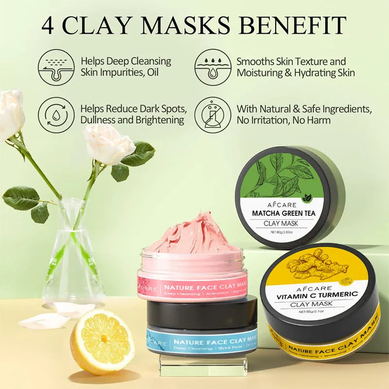 4 pack of clay face masks with Dead Sea mud, green tea, turmeric, and rose clay, each 80ml, on a white background