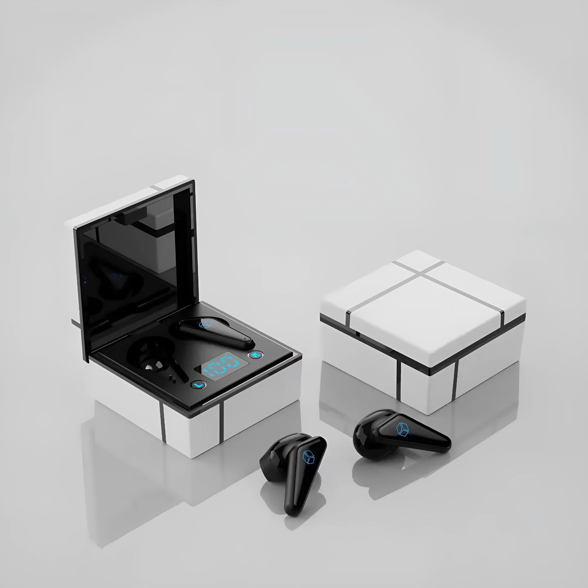 Blue and white wireless Bluetooth gaming headset with a digital display on the earpiece.