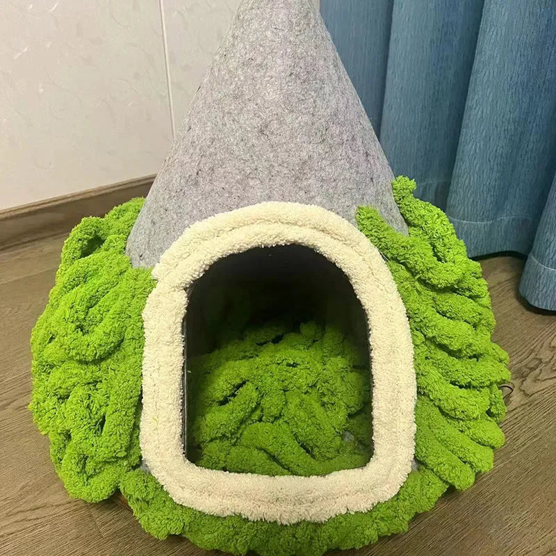 Christmas handmade felt tent style enclosed cat nest in grey, 50cm diameter, for cats under 12 pounds