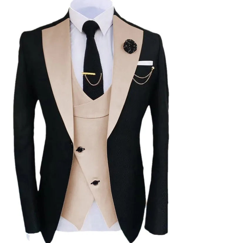 Men's slim fit three-piece cotton business suit with vest, coat and trousers