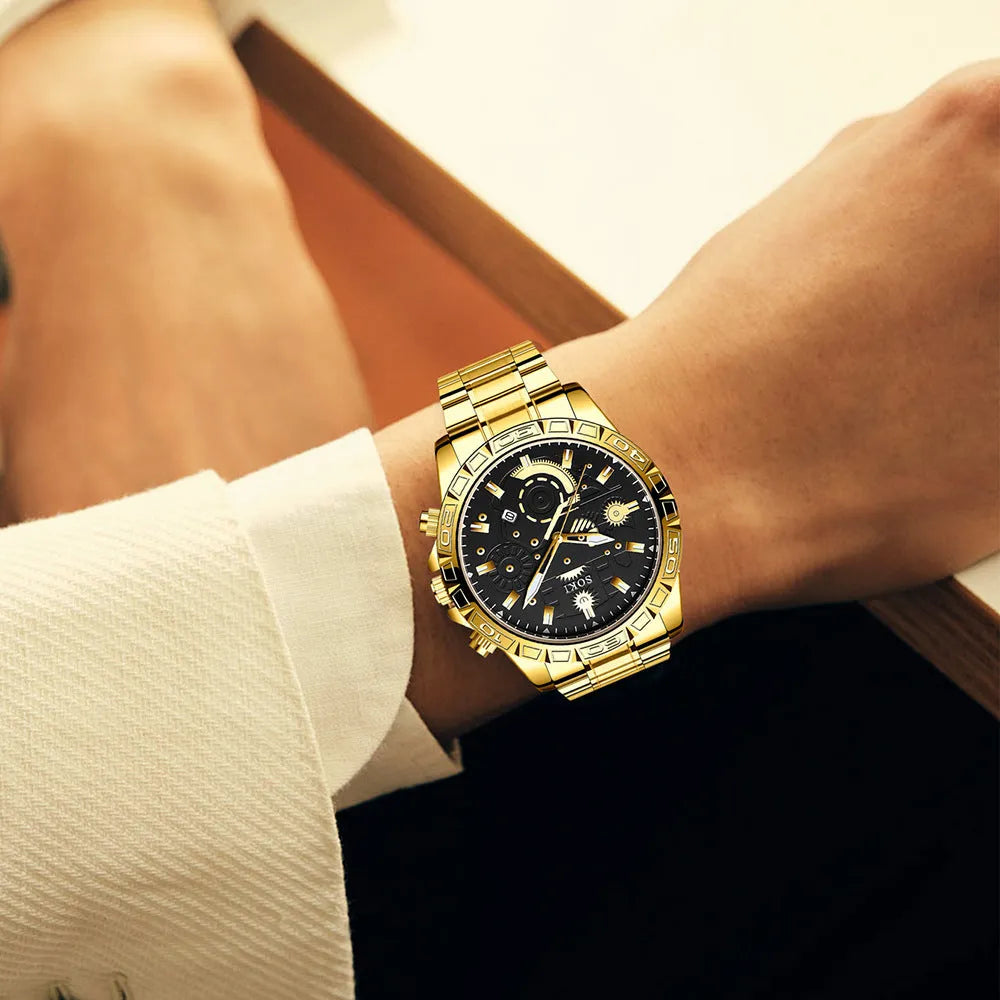 Gold men's business quartz watch with stainless steel bracelet and calendar display