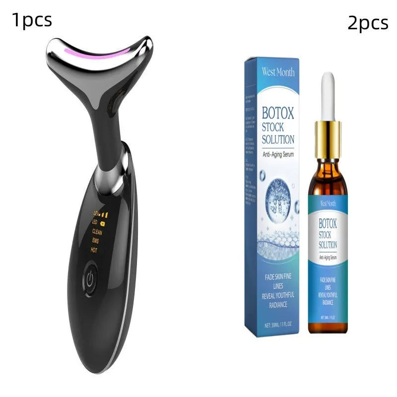 White EMS thermal neck massager device with LED lights and a USB charging cable.
