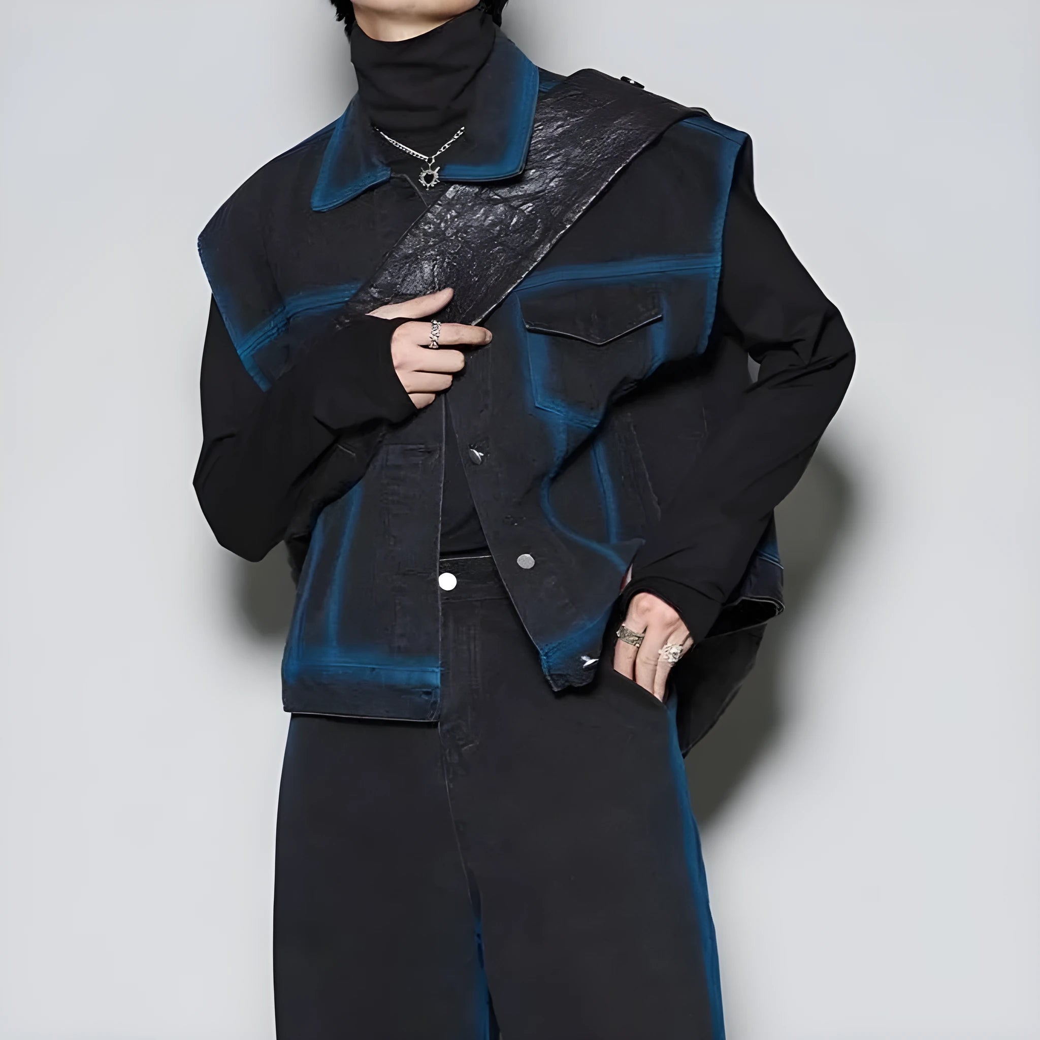 Fleece-lined distressed jeans suit two-piece set with spray colour gradient on vest and matching jeans