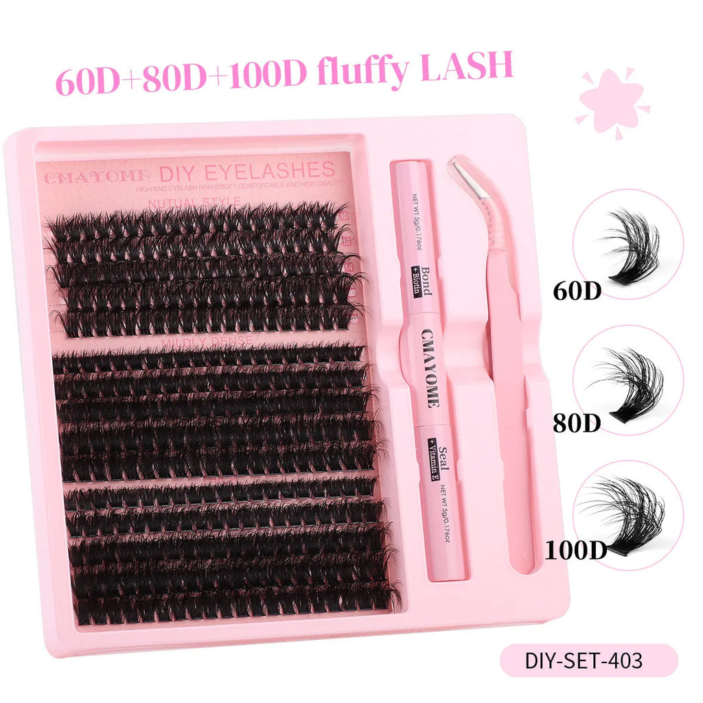 DIY single cluster false eyelash extension kit with tweezers and chemical fibre lashes