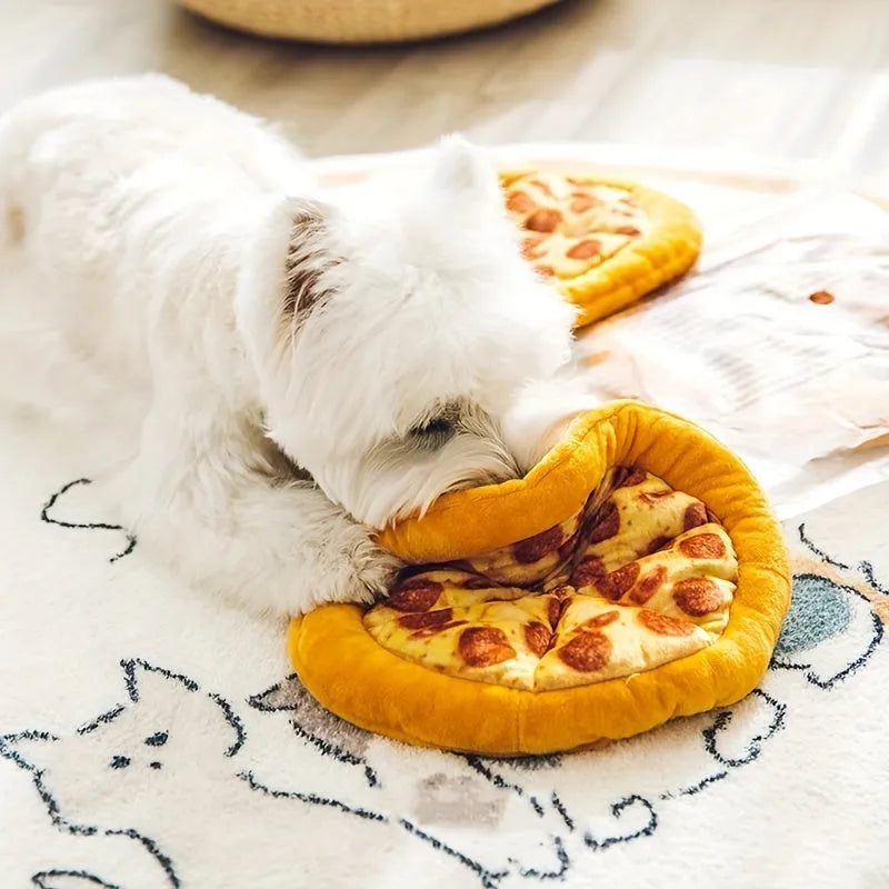 Yellow pizza slice dog chewing toy with squeaker for small to medium dogs