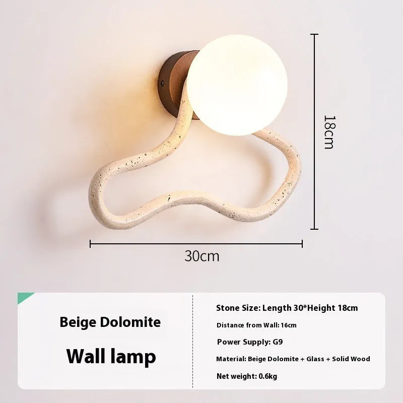 Middle ancient cream style bedroom bedside wall lamp with white travertine glass lampshade and solid wood base, 30cm length