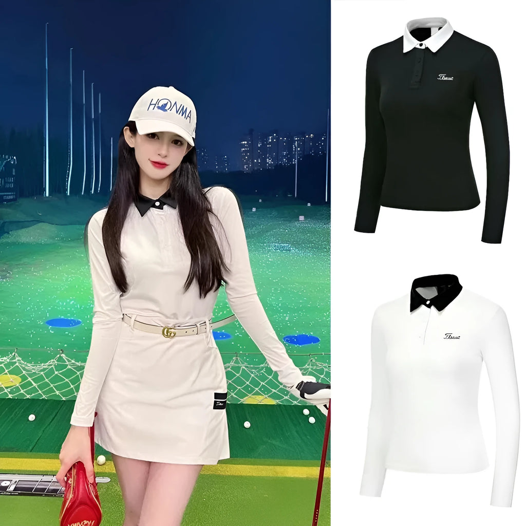 Women's long sleeve golf top in white polyester fabric for sun protection during outdoor activities