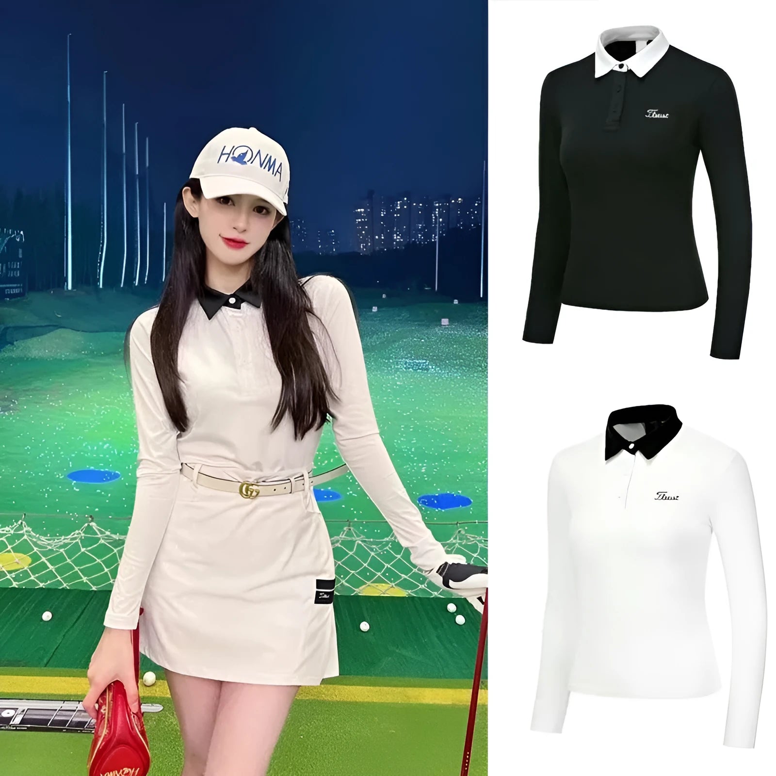 Women's long sleeve golf top in white polyester fabric for sun protection during outdoor activities