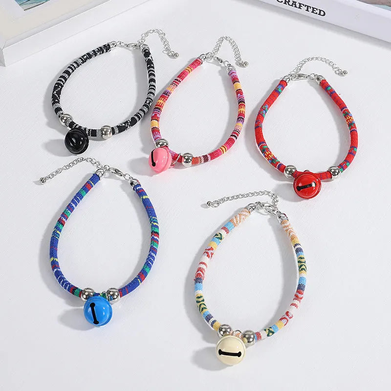Ethnic style woven pet collar with bell in multiple colours for cats and small dogs