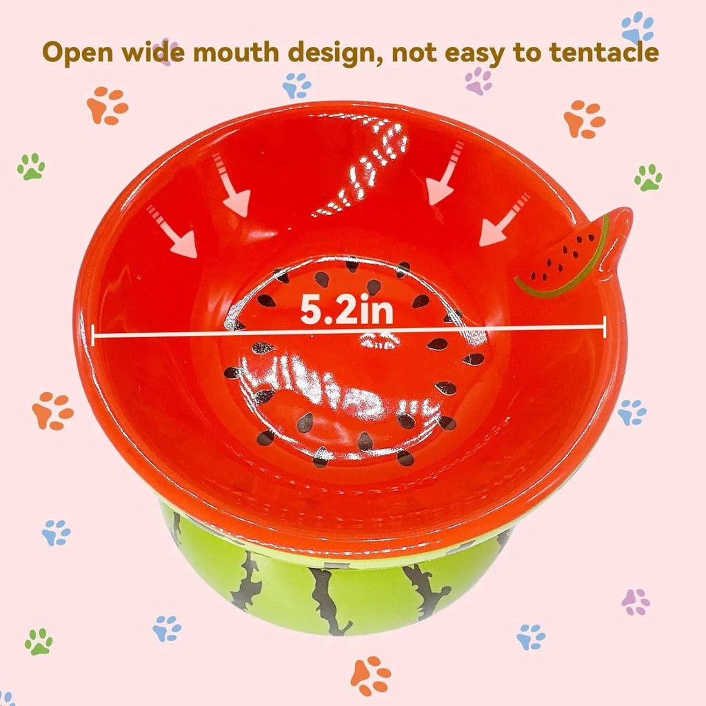 Ceramic elevated cat bowl with tilted design and decorative pattern