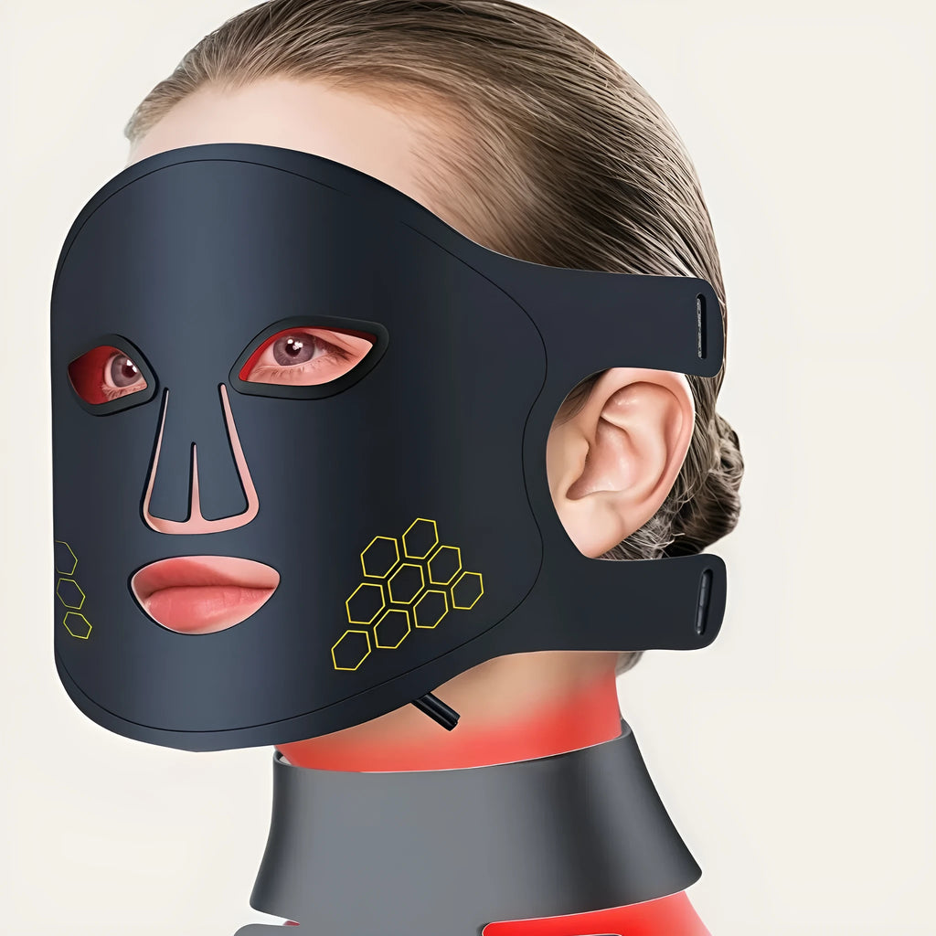 Black photon therapy LED mask with neck treatment panel and four-colour light therapy system