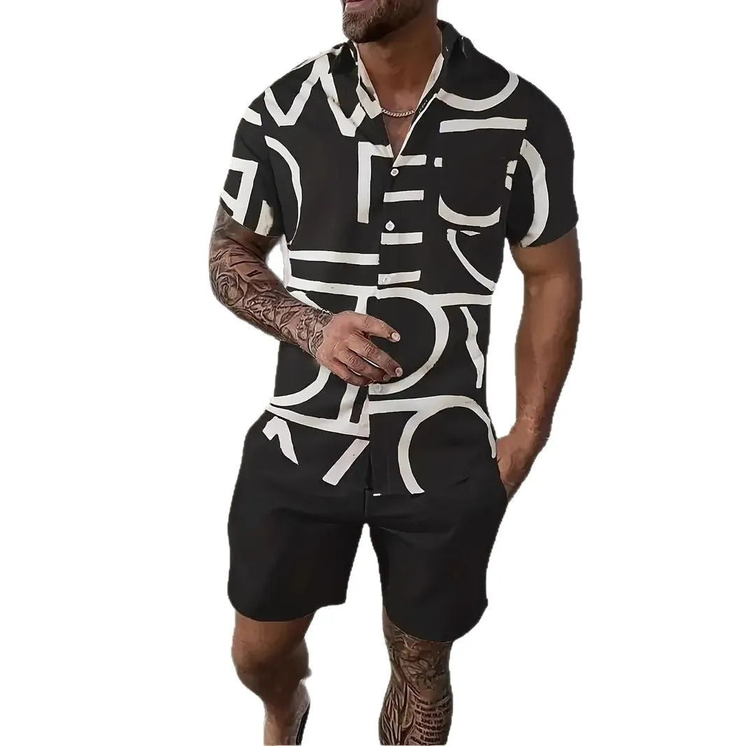 Man wearing a 3D printed Hawaiian pattern short sleeve shirt and matching shorts casual suit set.