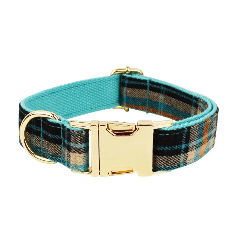 Green retro pet collar set with matching bow and dog vest on a light background