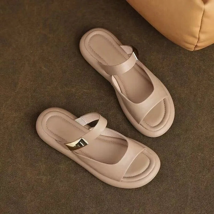 Peep toe flat platform sandals in apricot or white colour with rubber sole