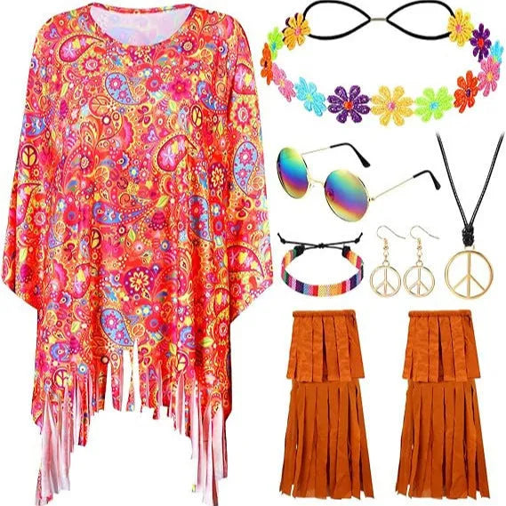 Colourful tie dye cloak costume with bell sleeves on a hanger, showing pink, yellow, and rainbow print details.
