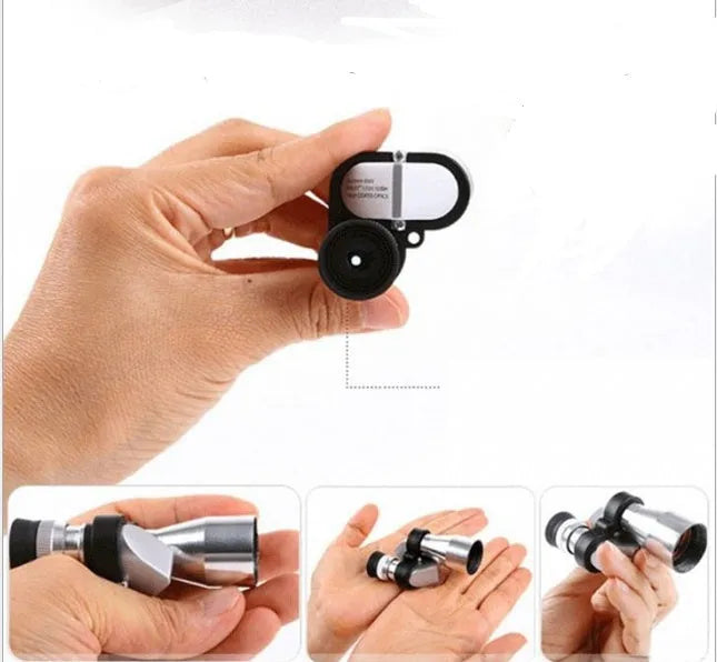Compact aluminium alloy 8x20 pocket monocular telescope with foldable eyecup, shown with its canvas case.