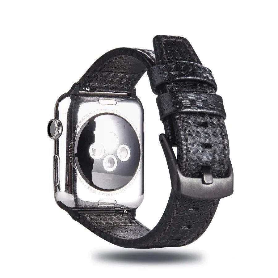 Carbon fiber leather watch strap with PC hard shell case for Apple Watch, available in black line colour, 42 44mm size