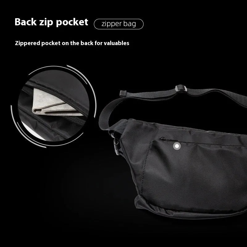 Men's Japanese leisure slanted chest bag in black made from Oxford fabric, 8 inch size with sewing line detail