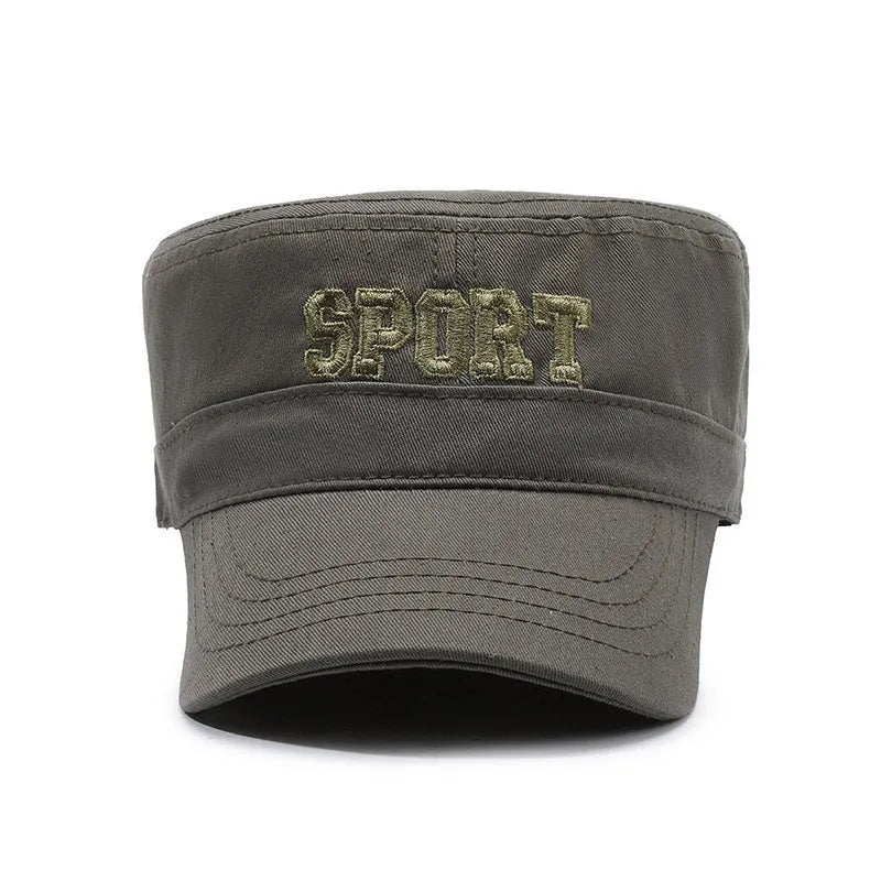 Men's adjustable flat-top cotton peaked cap in army green colour showing dome crown design