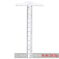 Transparent plastic T-shaped technical drawing ruler showing British centimetre graduations