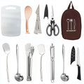 Khaki storage bag containing 12 pieces of stainless steel picnic cutlery including knives, forks and spoons.