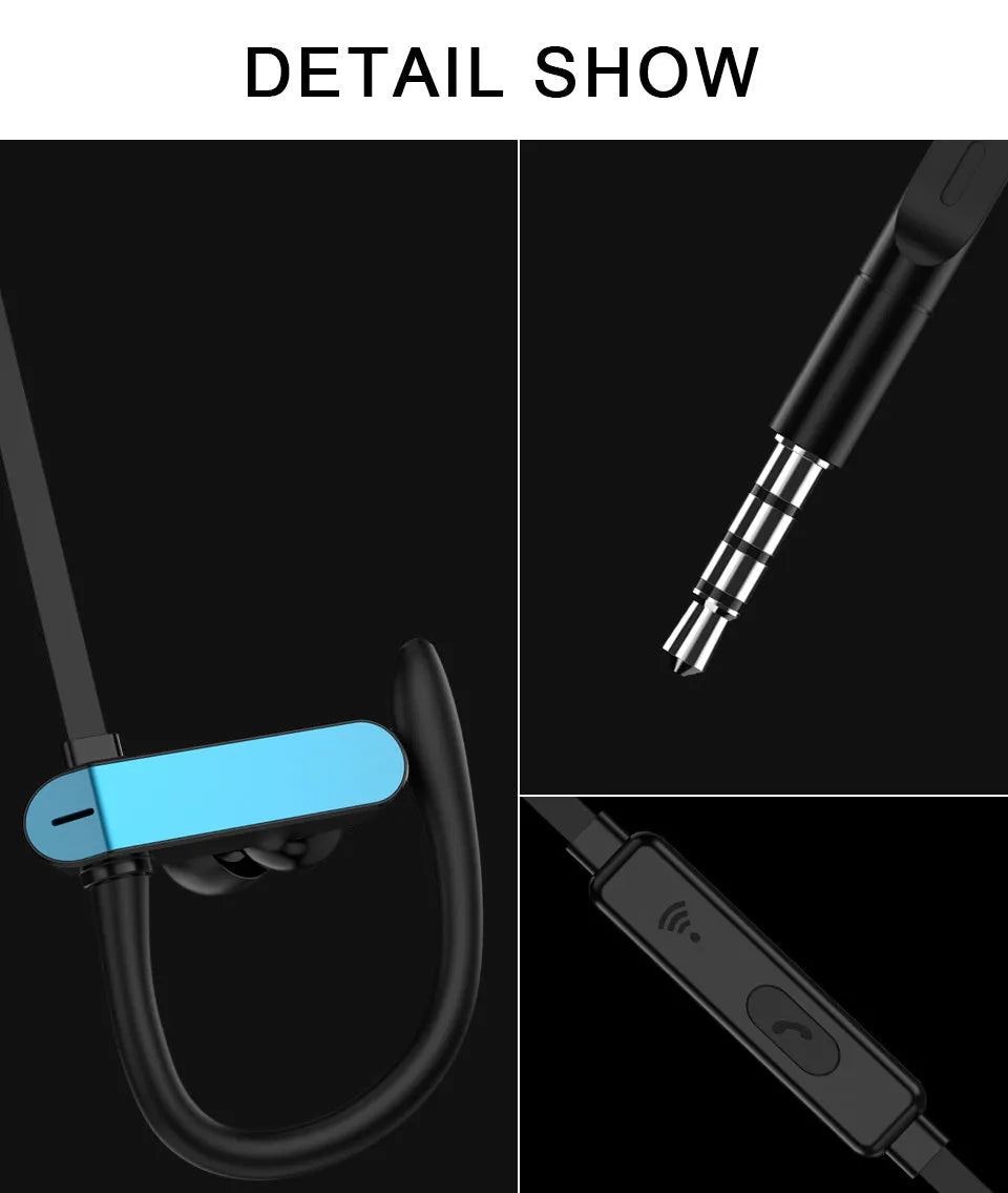 Sport earphones with black and blue flexible ear hooks and silicone earbuds, shown on a grey background