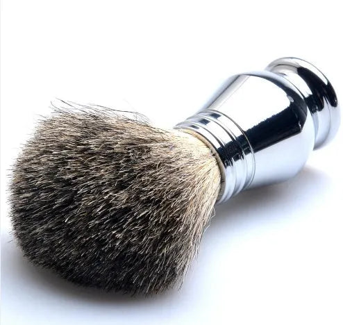 CSB men's shaving set with chrome safety razor, badger brush on stand, soap bowl, and blades in black box