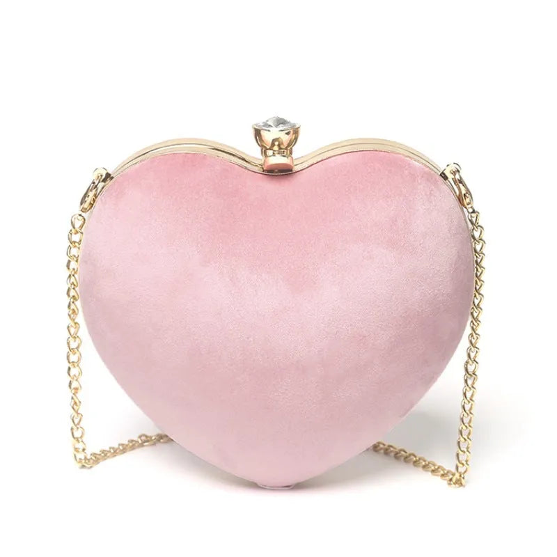 Small heart-shaped plush cotton chain bag with hook closure and card pocket, available in red light grey black and pink