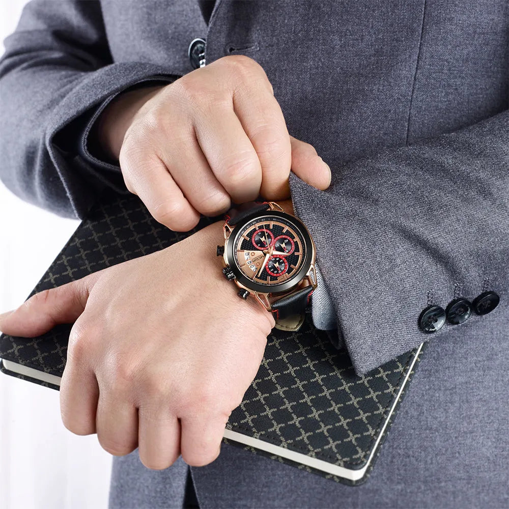 Men's quartz chronograph watch with luminous hands, leather strap, and alloy case on black background