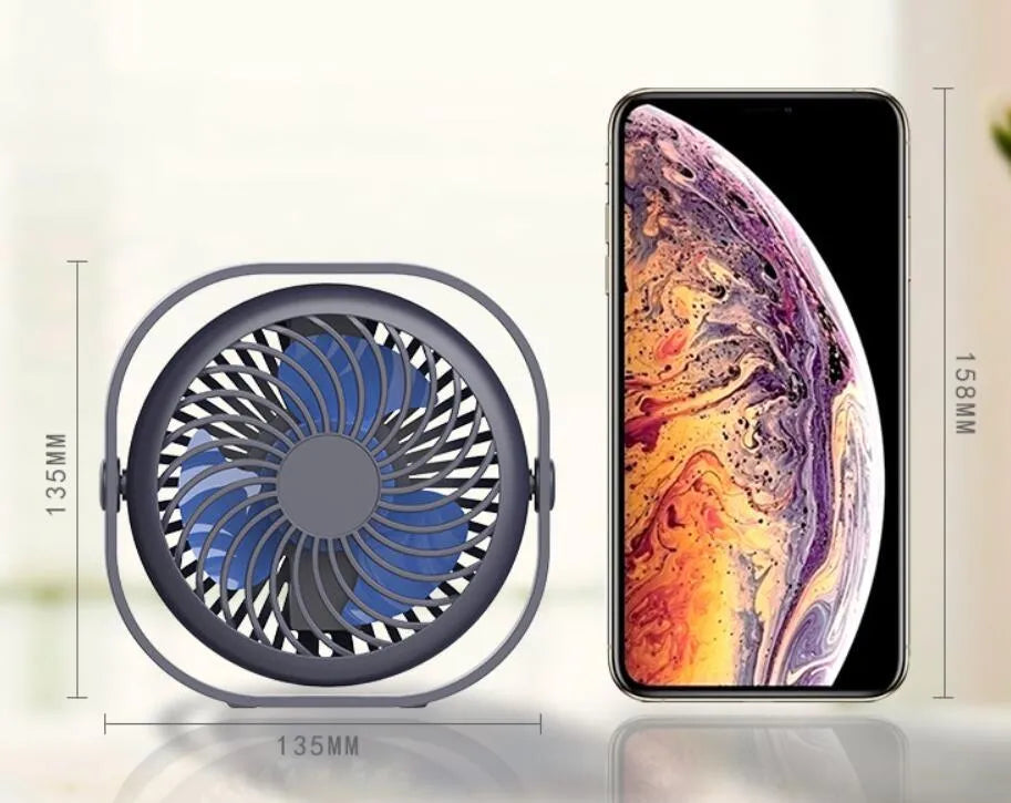 USB desk fan with alarm clock style in blue colour, showing 360-degree rotation feature.